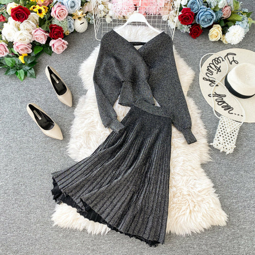 Autumn And Winter New Fashion Suit V-Neck Dolman Sleeve Bright Silk Kn