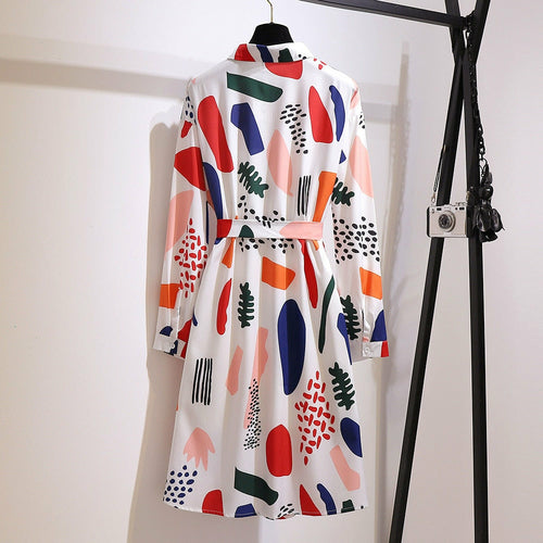 Plus Size 2XL-6XL Long Sleeve Dress For Fat MM Woman Loose Print Belt