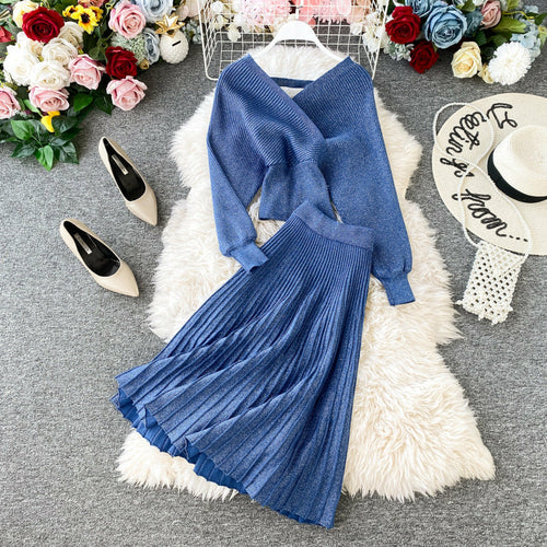 Autumn And Winter New Fashion Suit V-Neck Dolman Sleeve Bright Silk Kn