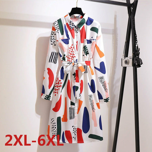 Plus Size 2XL-6XL Long Sleeve Dress For Fat MM Woman Loose Print Belt