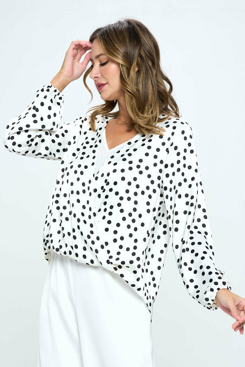 Polka Dot Long Sleeve Surplice Top